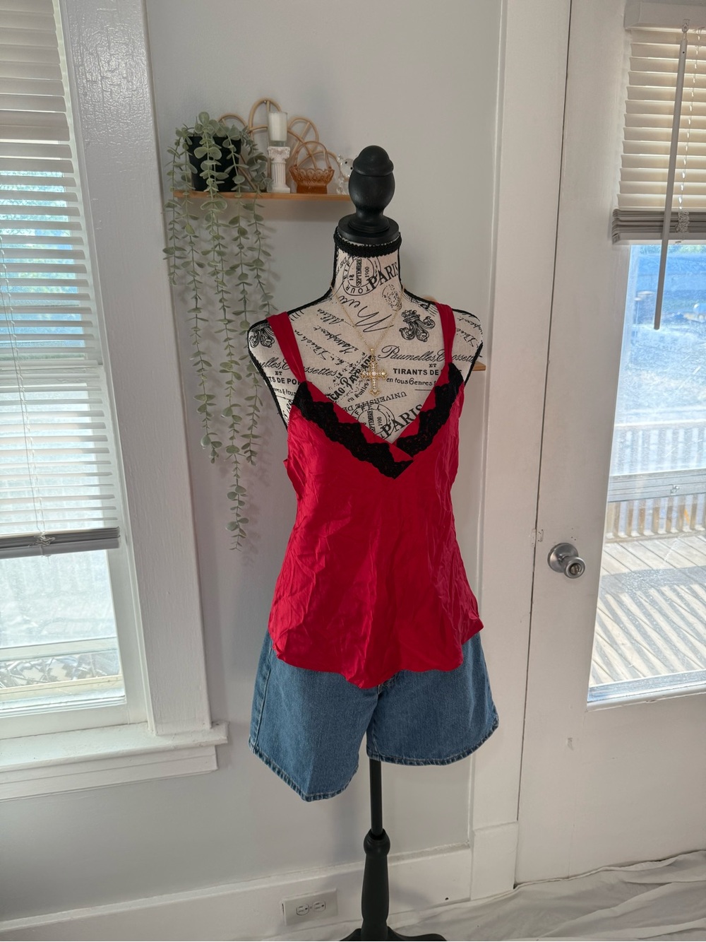 Morgan Taylor Red Satin Camisole with Black Lace Trim